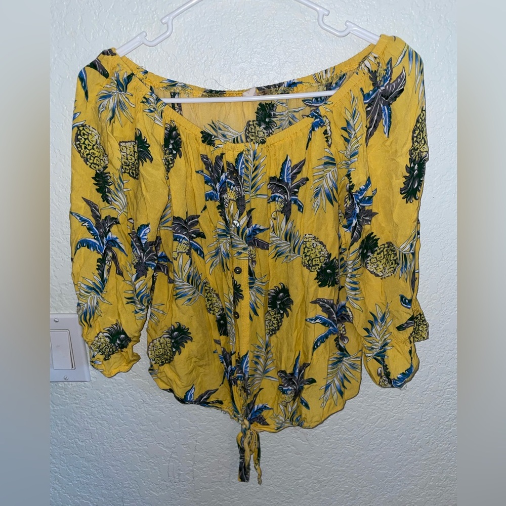 Blush BJ yellow tropical blouse. Off shoulder and tie front